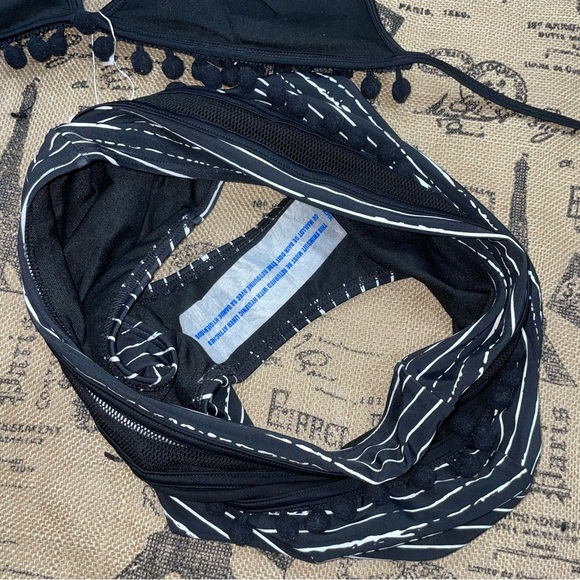 COCOSHIP Striped High Waist Bikini Set Tassel Trim Top Halter Straps Swimsuit - Picture 14 of 16